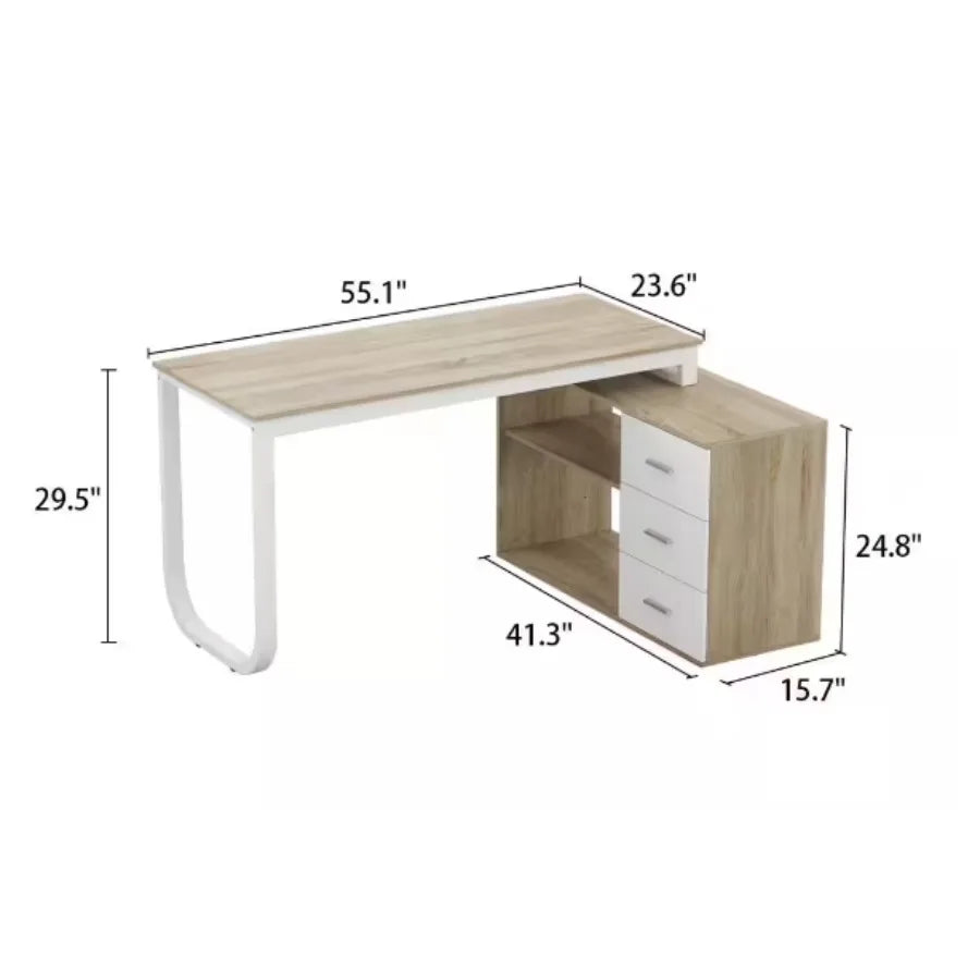 Hign Concerned L Shaped Oak Desk With Three Drawers For Home Office Easy Assembly