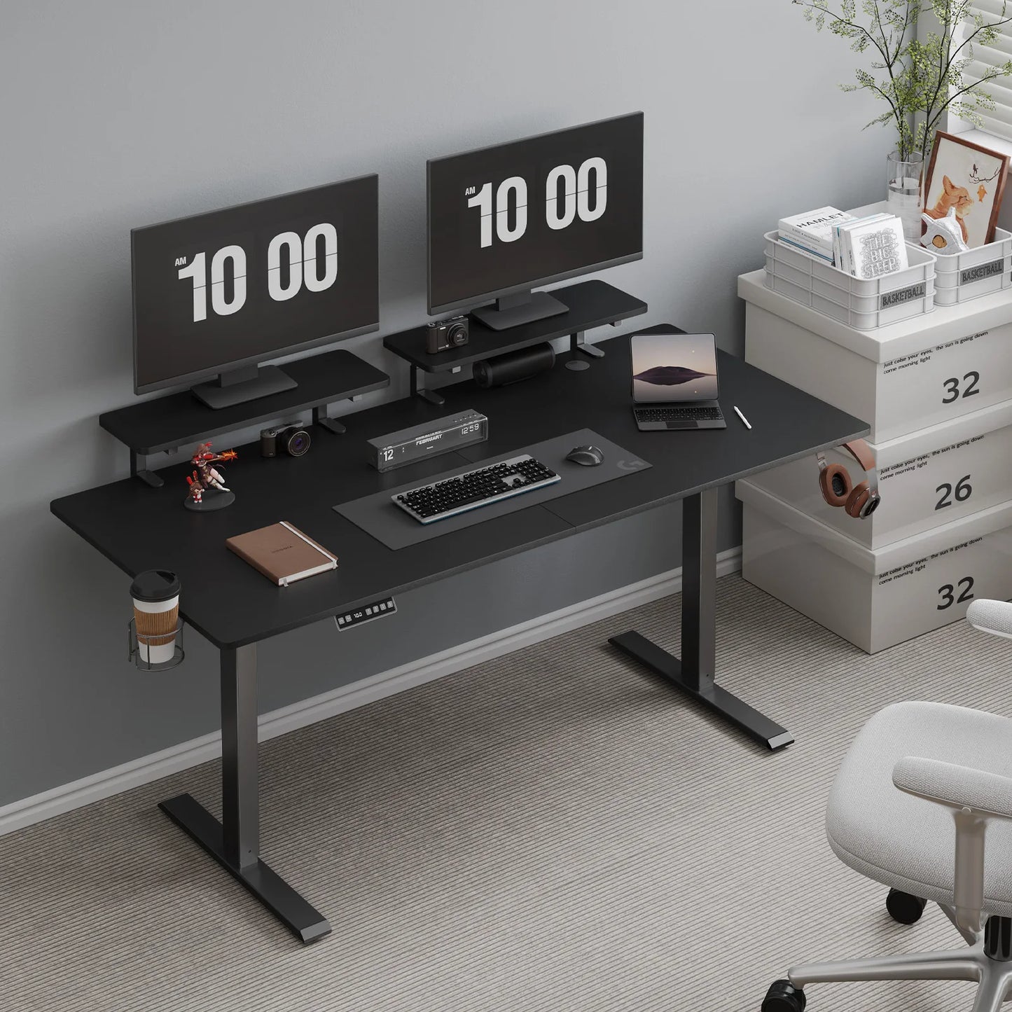 ONBRILL Electric Standing Desk With Adjustable Height And Monitor Shelves