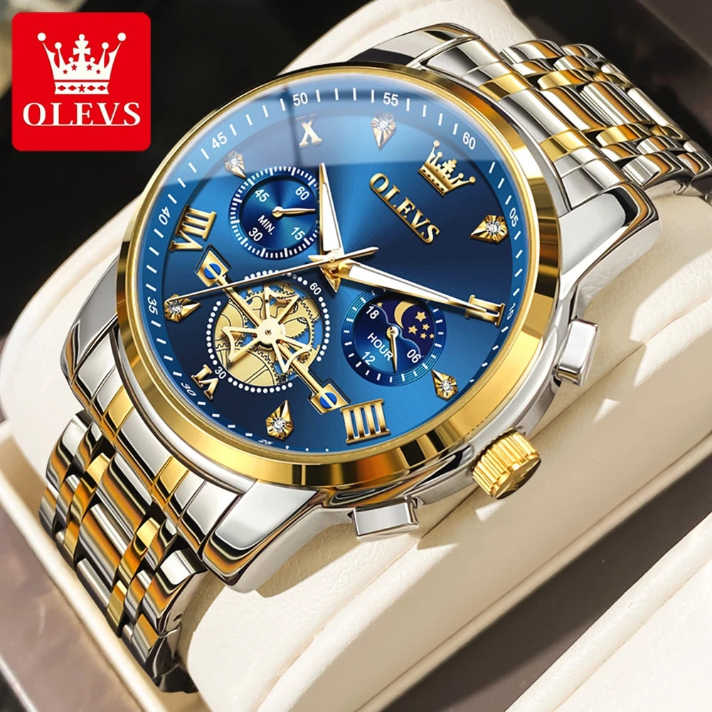 OLEVS Men's Multifunction Chronograph Moon Phase Stainless Steel Watch