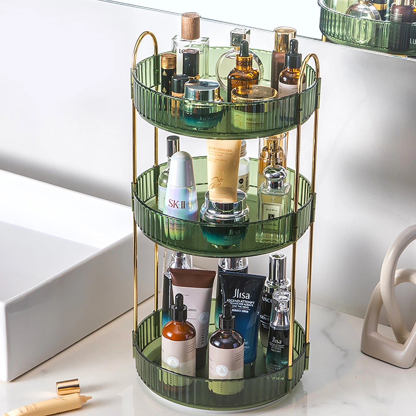 Rotating Makeup Organizer Vanity 3 Tier High-Capacity Crystal-Clear Cosmetic Storage