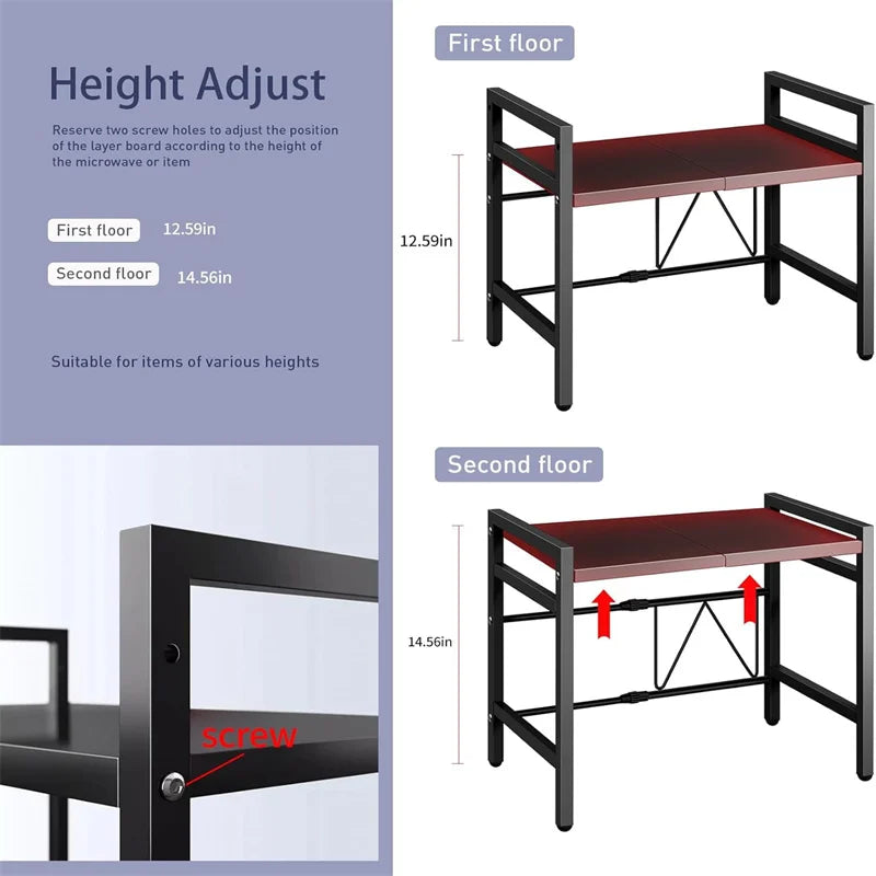 Hign-concerned Adjustable Space-Saving Microwave Rack With Hooks