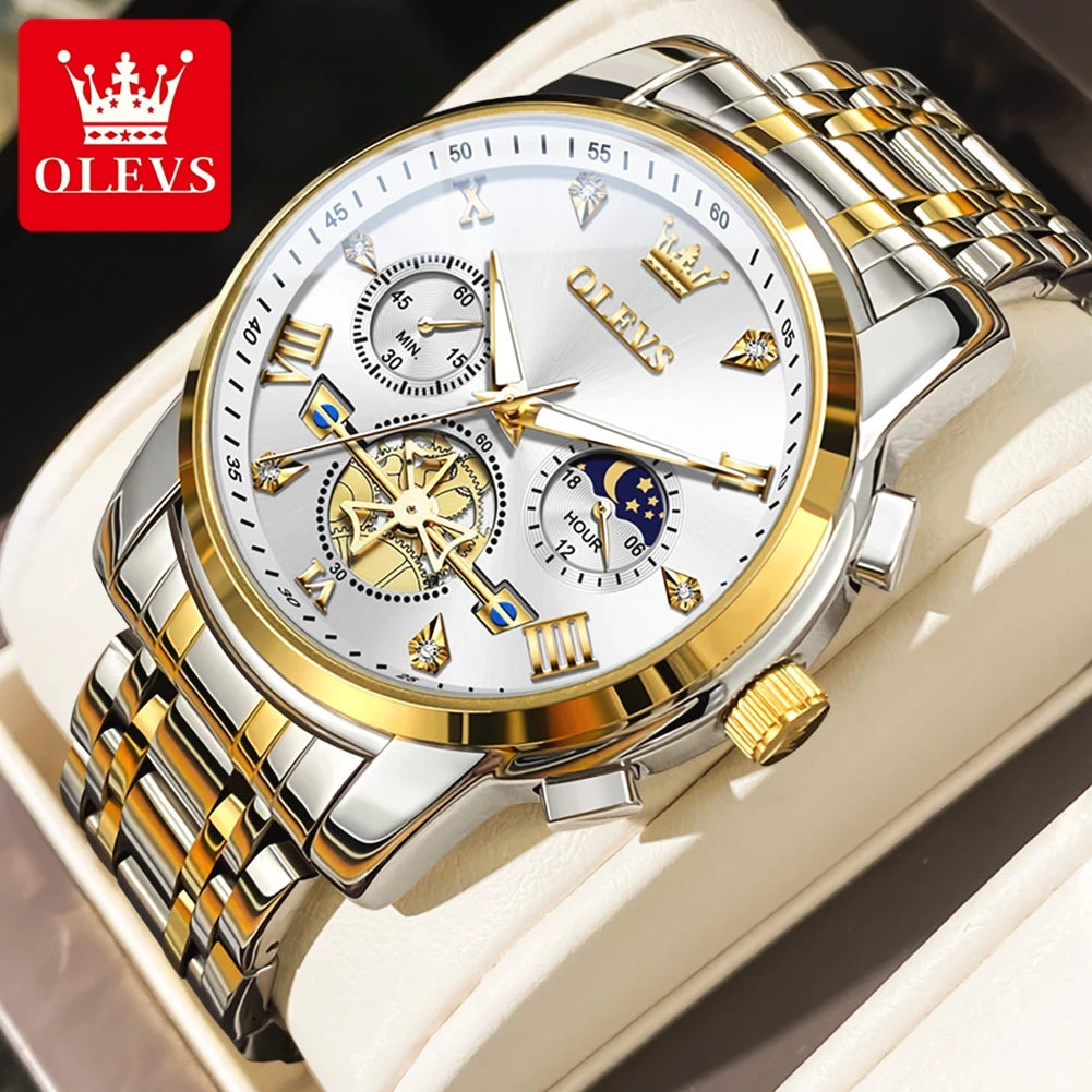 Olevs Fltwheel Chronograph Multifunction Quartz Wristwatch Moon Phase Water Resistant