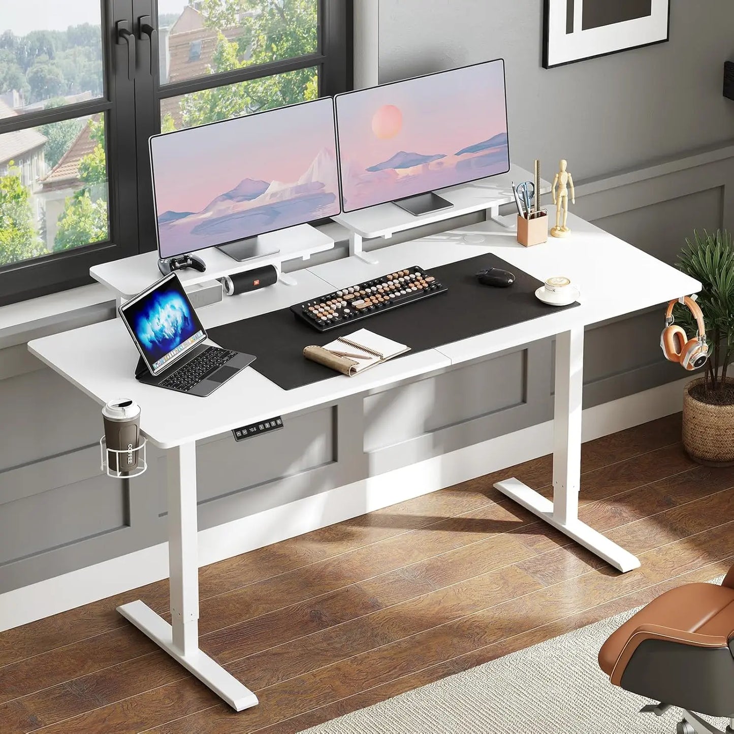 ONBRILL Electric Standing Desk With Adjustable Height And Monitor Shelves
