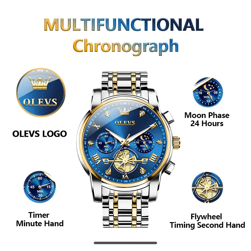 Olevs Fltwheel Chronograph Multifunction Quartz Wristwatch Moon Phase Water Resistant