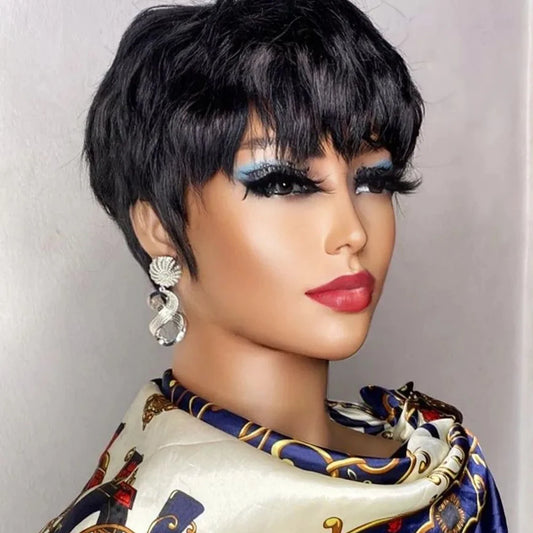 Keilantracap BrazilianRemyHumanHair PixieCut Wig With Bangs MachineMade Version Professional