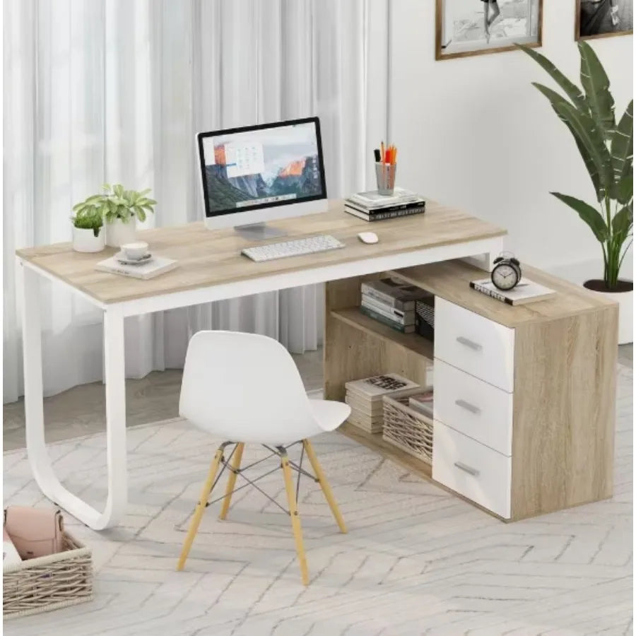 Hign Concerned L Shaped Oak Desk With Three Drawers For Home Office Easy Assembly
