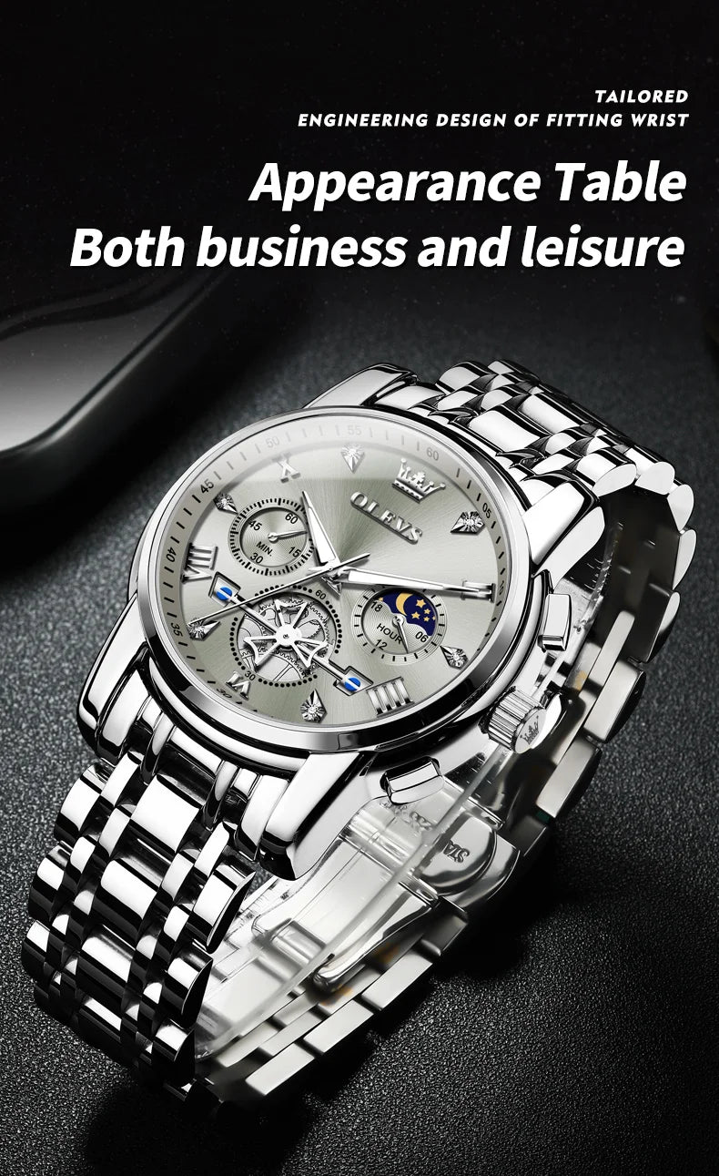OLEVS Men's Multifunction Chronograph Moon Phase Stainless Steel Watch