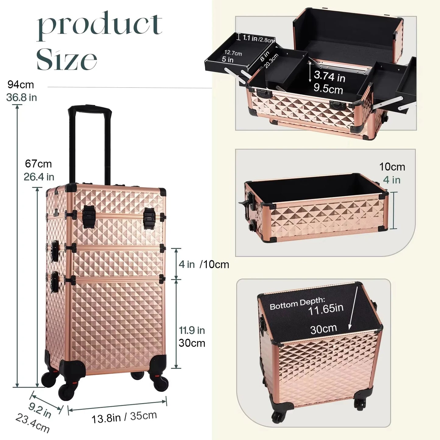Maxulene Rolling Makeup Case 3 In 1 Removable On Wheels