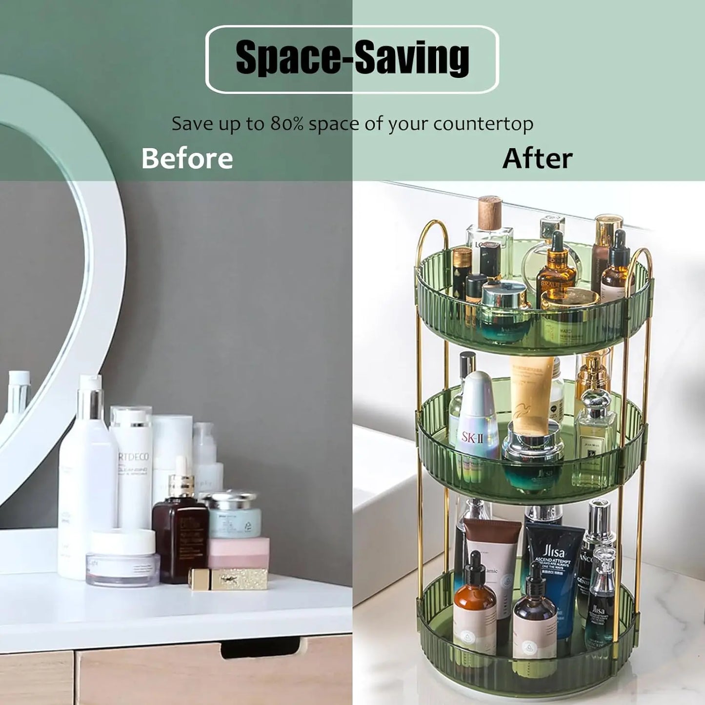Rotating Makeup Organizer Vanity 3 Tier High-Capacity Crystal-Clear Cosmetic Storage