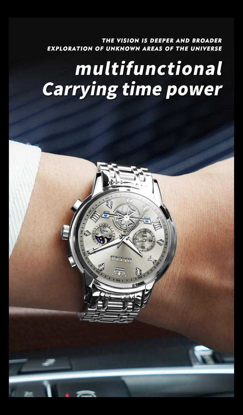 OLEVS Men's Multifunction Chronograph Moon Phase Stainless Steel Watch