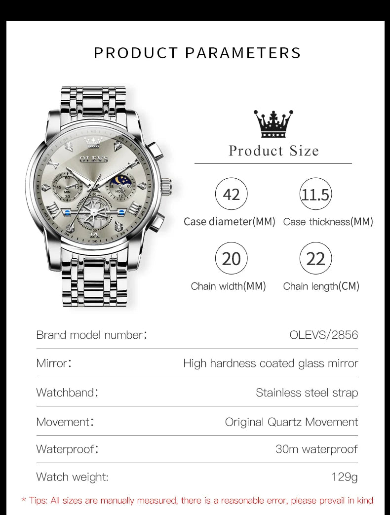 OLEVS Men's Multifunction Chronograph Moon Phase Stainless Steel Watch