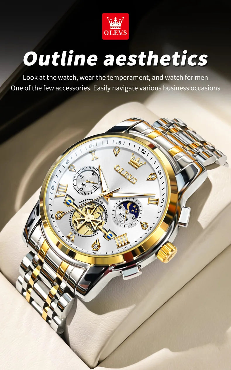 OLEVS Men's Multifunction Chronograph Moon Phase Stainless Steel Watch
