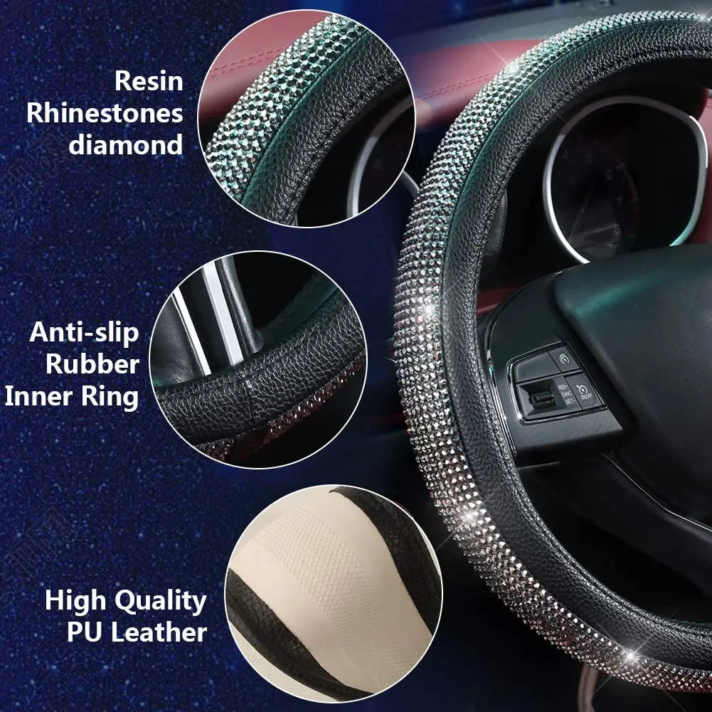Choice Rhinestones Leather Steering Wheel Cover With Bling Crystal Diamond Car Interior Decoration