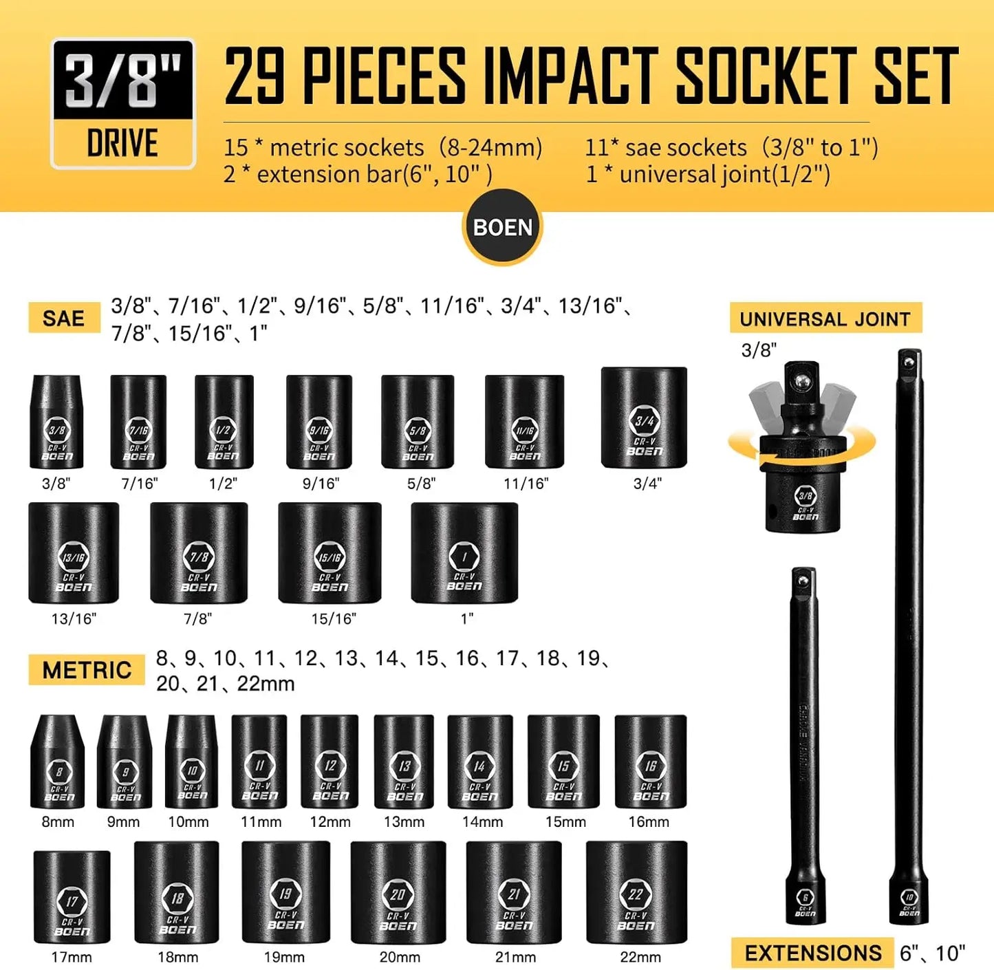 Hign-concerned 29-Piece Shallow Socket Set SAE Metric CRV
