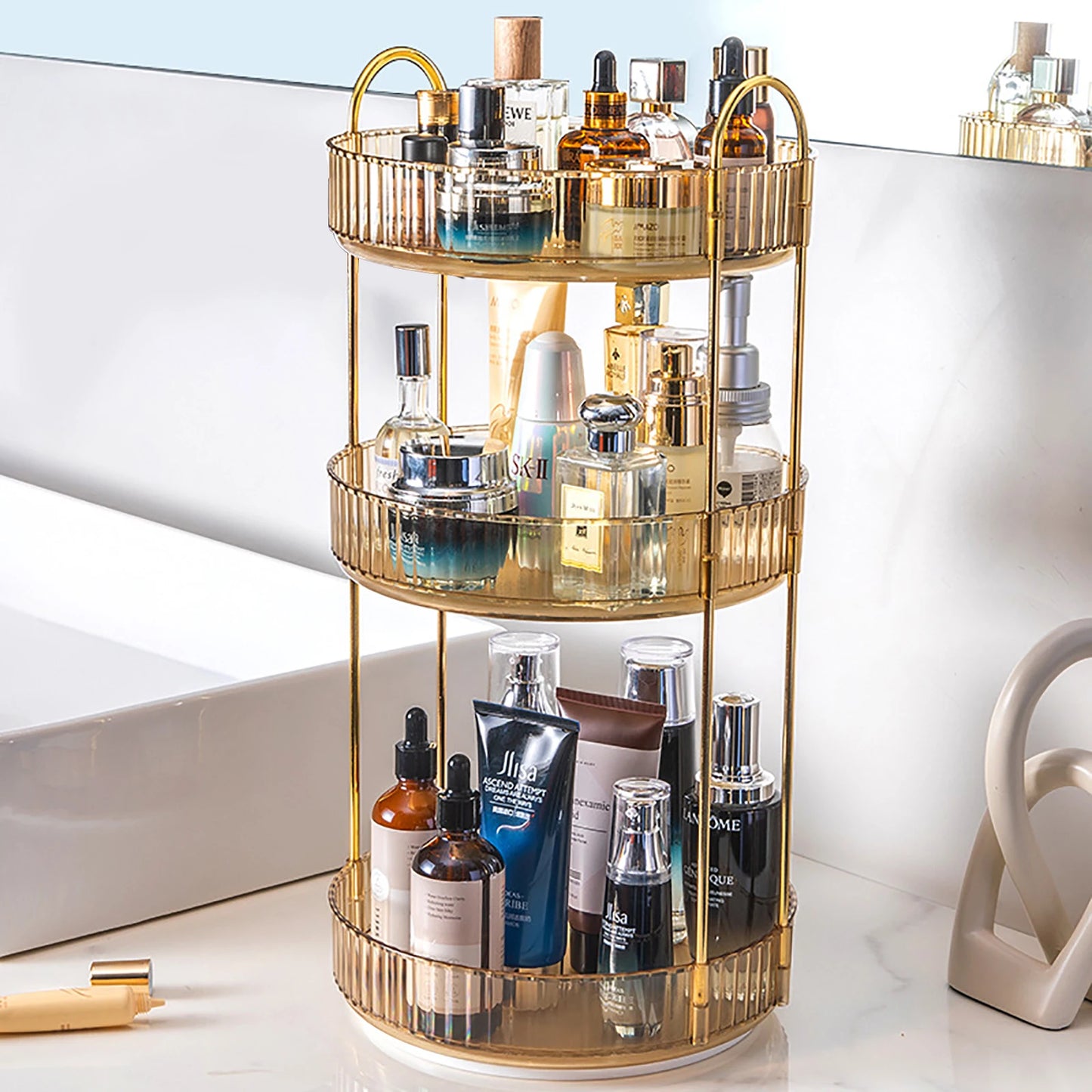 Rotating Makeup Organizer Vanity 3 Tier High-Capacity Crystal-Clear Cosmetic Storage