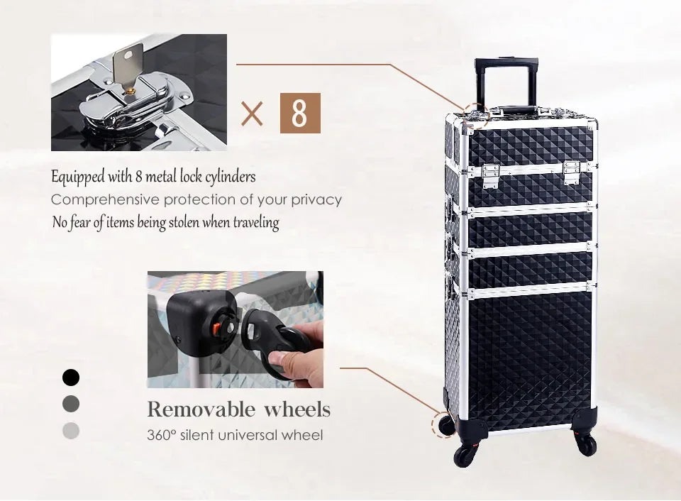 MaxuleneCN Makeup Trolley Case 4 In 1 Alloy On Wheels