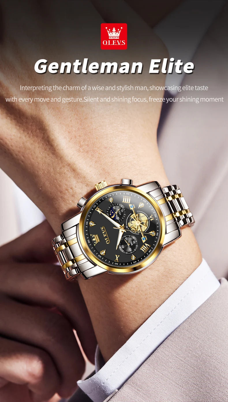 OLEVS Men's Multifunction Chronograph Moon Phase Stainless Steel Watch