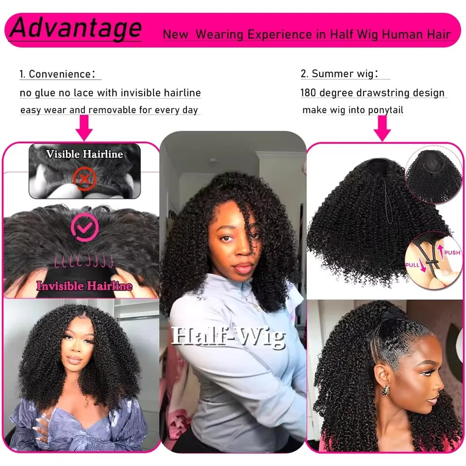 Muokass Remy Brazilian Curly Half Wig Clip In High Density