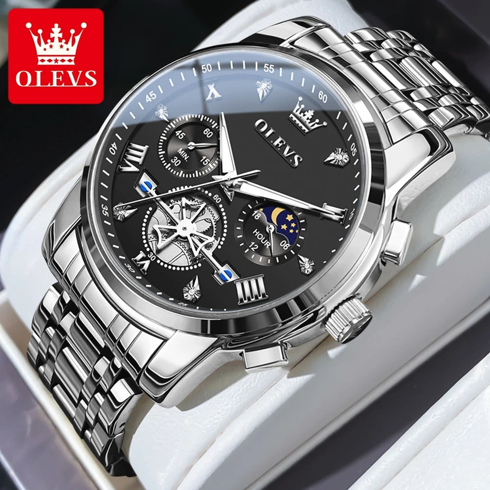 Olevs Fltwheel Chronograph Multifunction Quartz Wristwatch Moon Phase Water Resistant