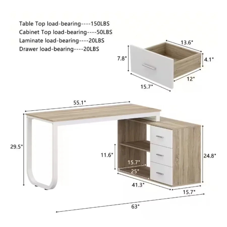 Hign Concerned L Shaped Oak Desk With Three Drawers For Home Office Easy Assembly