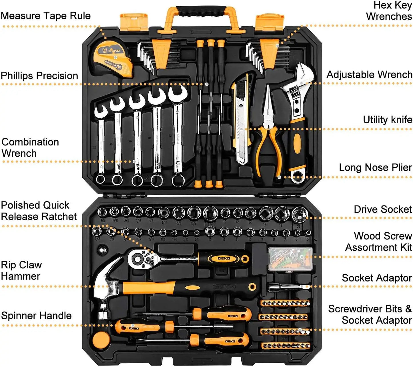 DEKODIY 158Piece AllMetalChromeFinish ToolSet DurableGeneralPurpose HouseholdKit Storage Case