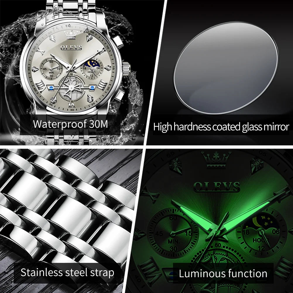 Olevs Fltwheel Chronograph Multifunction Quartz Wristwatch Moon Phase Water Resistant