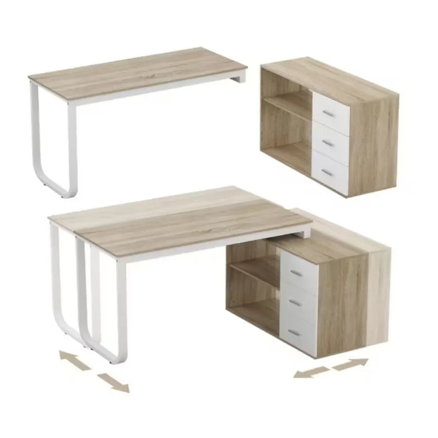 Hign Concerned L Shaped Oak Desk With Three Drawers For Home Office Easy Assembly
