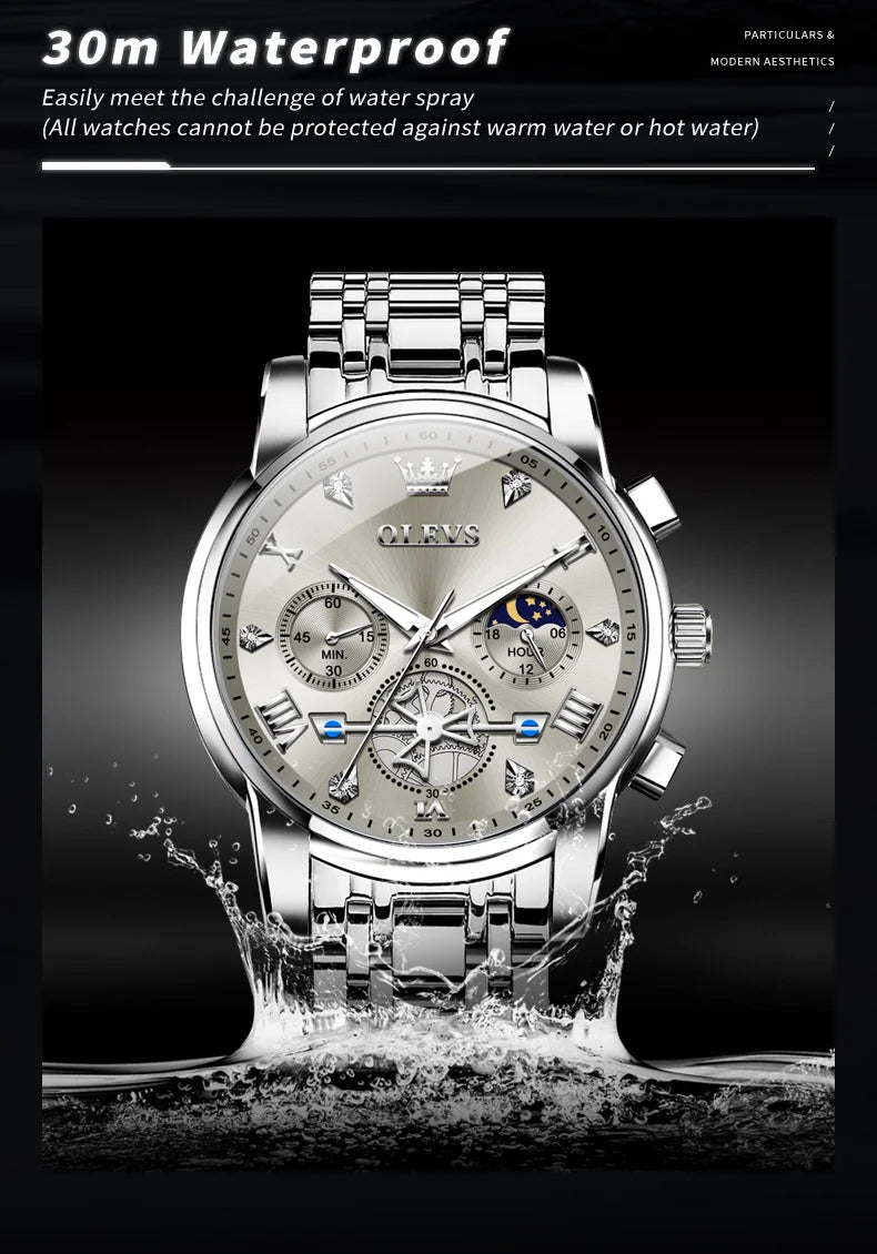 OLEVS Men's Multifunction Chronograph Moon Phase Stainless Steel Watch