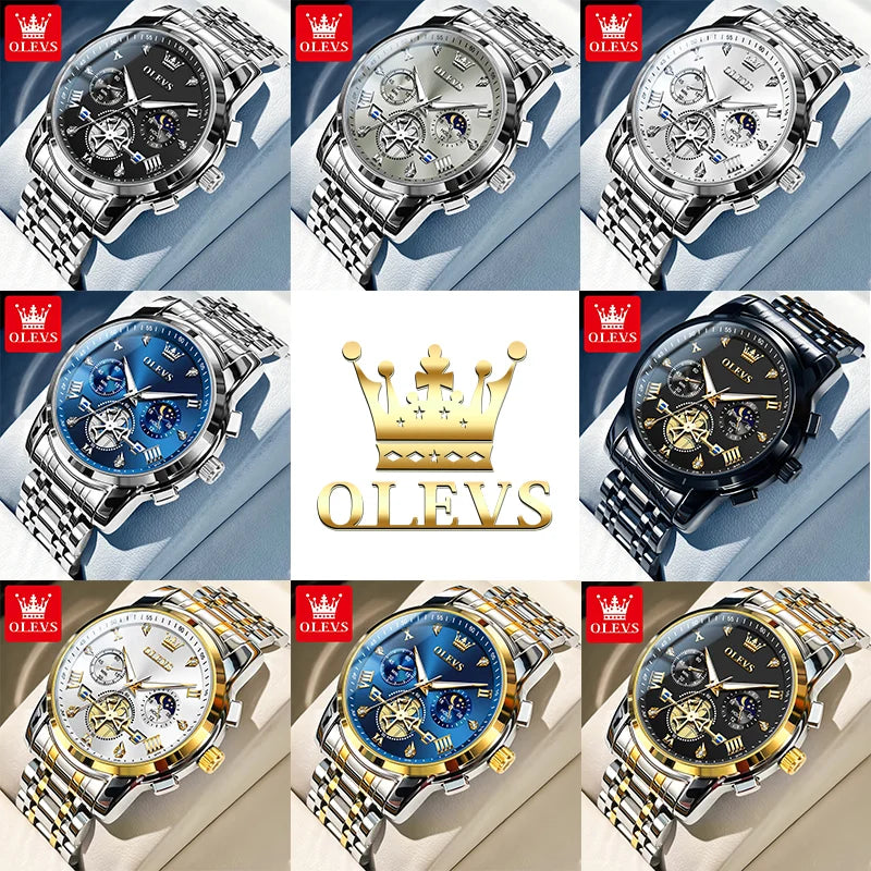 Olevs Fltwheel Chronograph Multifunction Quartz Wristwatch Moon Phase Water Resistant