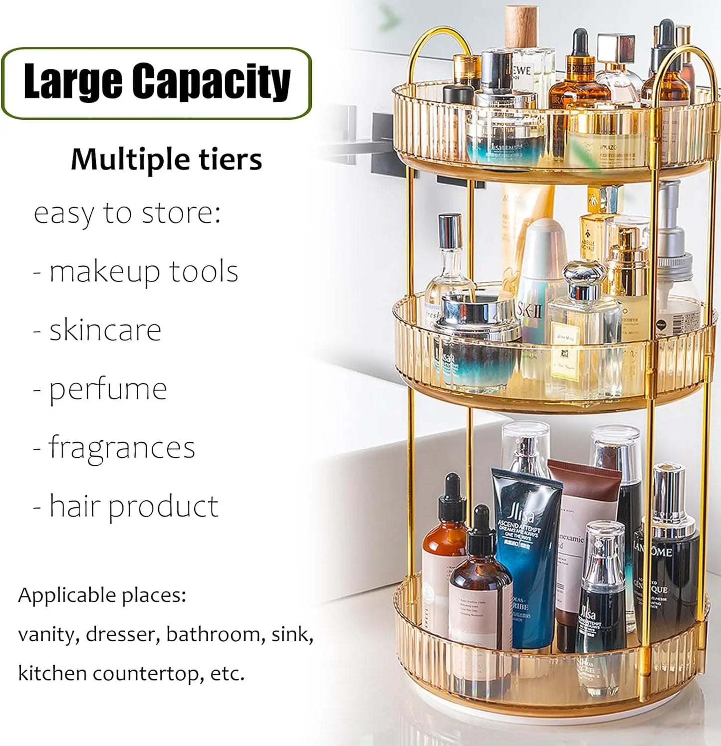 Rotating Makeup Organizer Vanity 3 Tier High-Capacity Crystal-Clear Cosmetic Storage