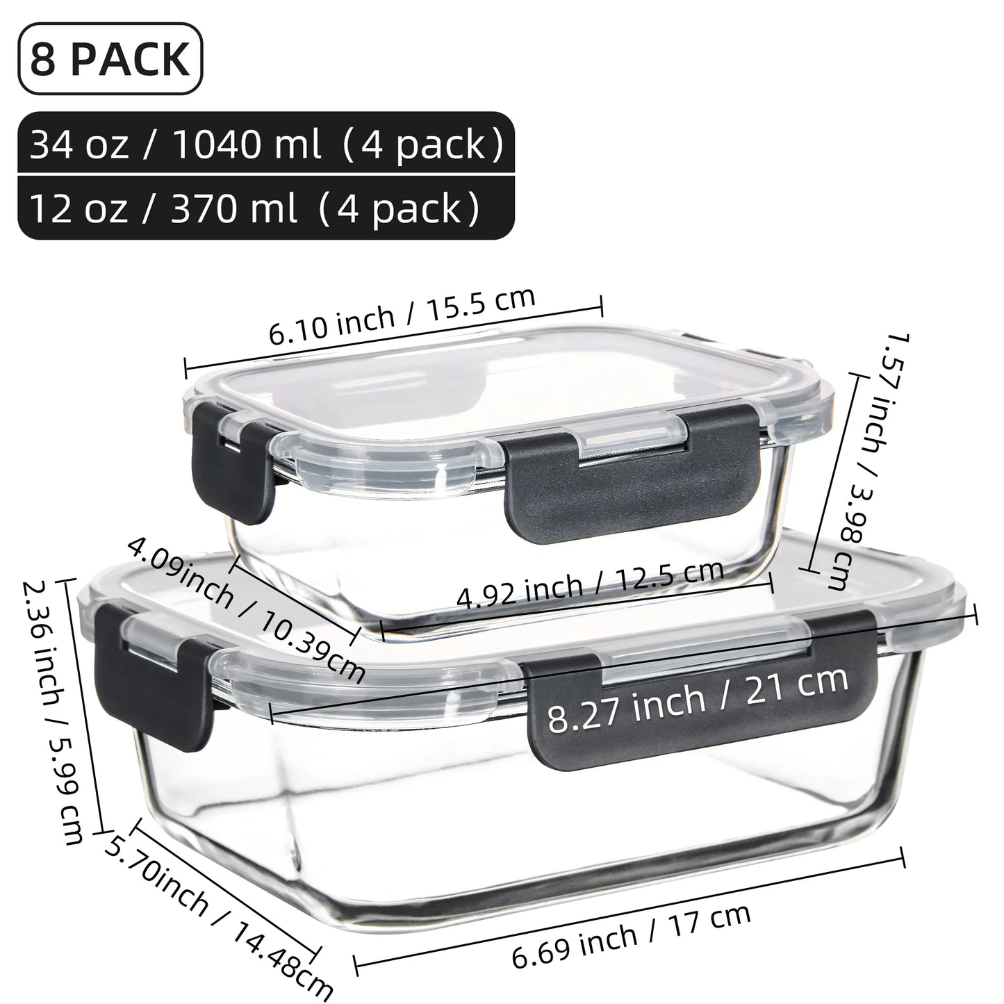 Glass Food Storage Containers Set 8 Piece Borosilicate Lock Lid