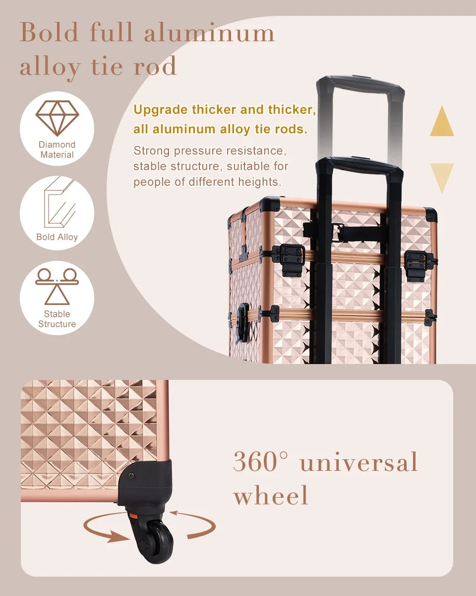 MaxuleneCN Makeup Trolley Case 4 In 1 Alloy On Wheels