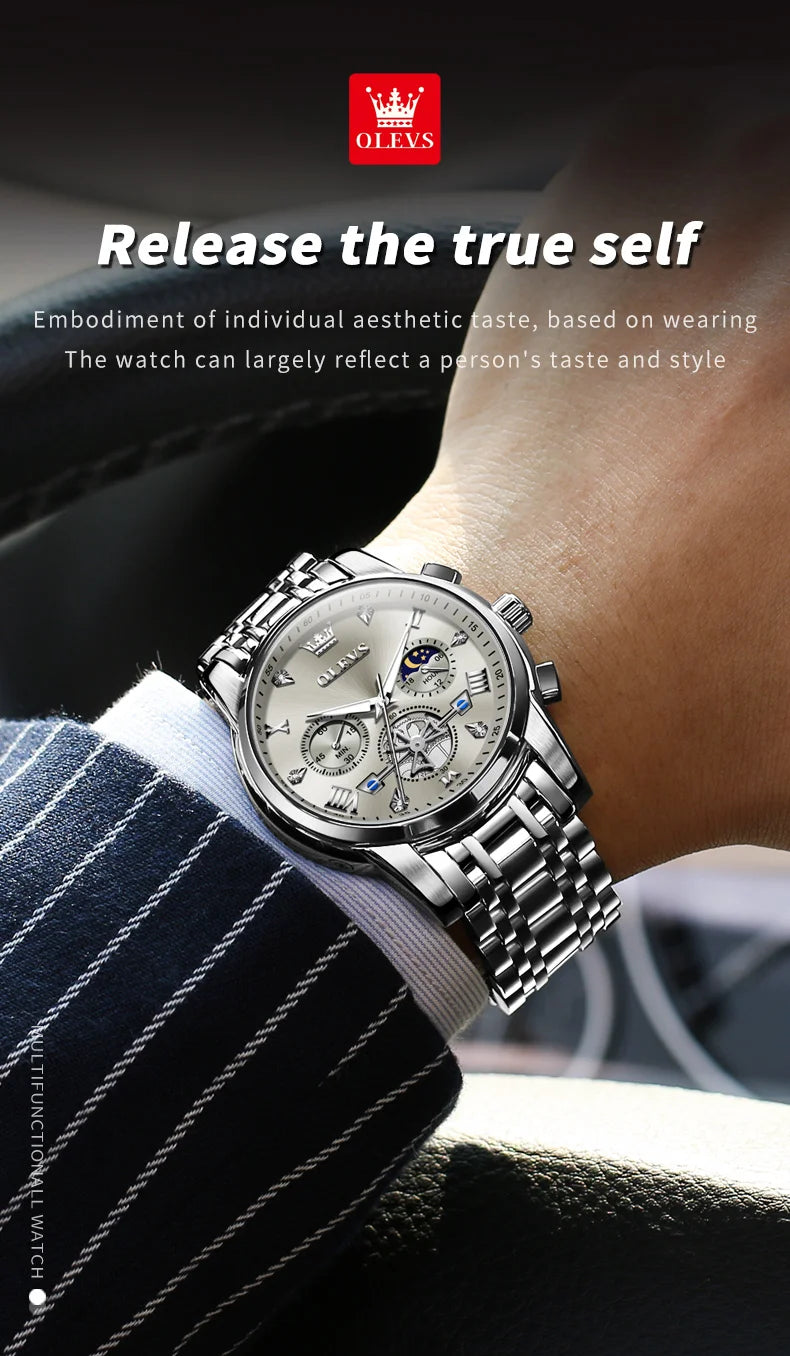 OLEVS Men's Multifunction Chronograph Moon Phase Stainless Steel Watch