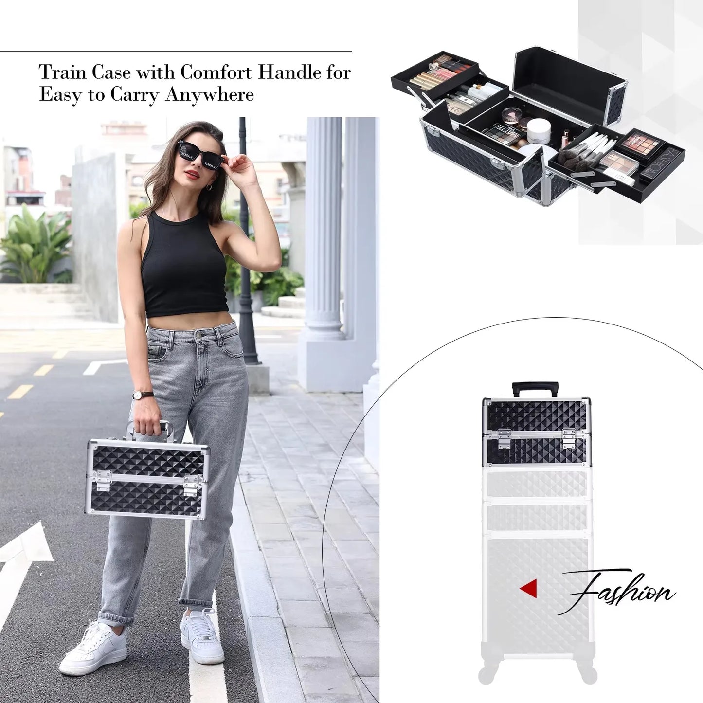 MaxuleneCN Makeup Trolley Case 4 In 1 Alloy On Wheels