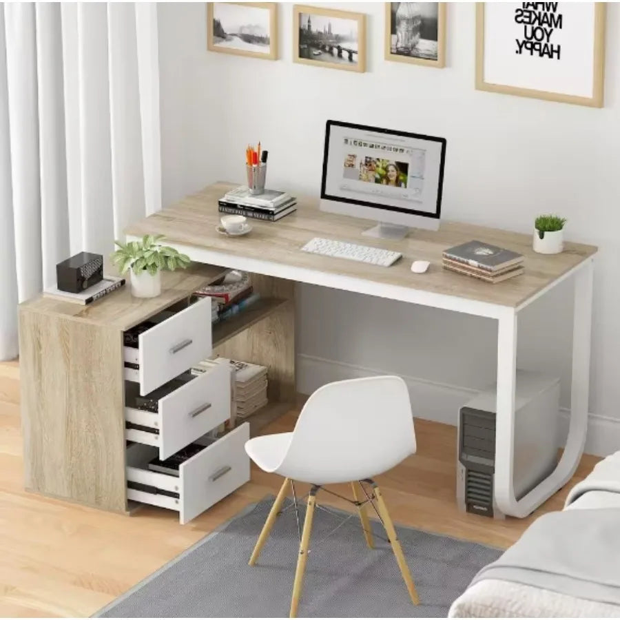 Hign Concerned L Shaped Oak Desk With Three Drawers For Home Office Easy Assembly