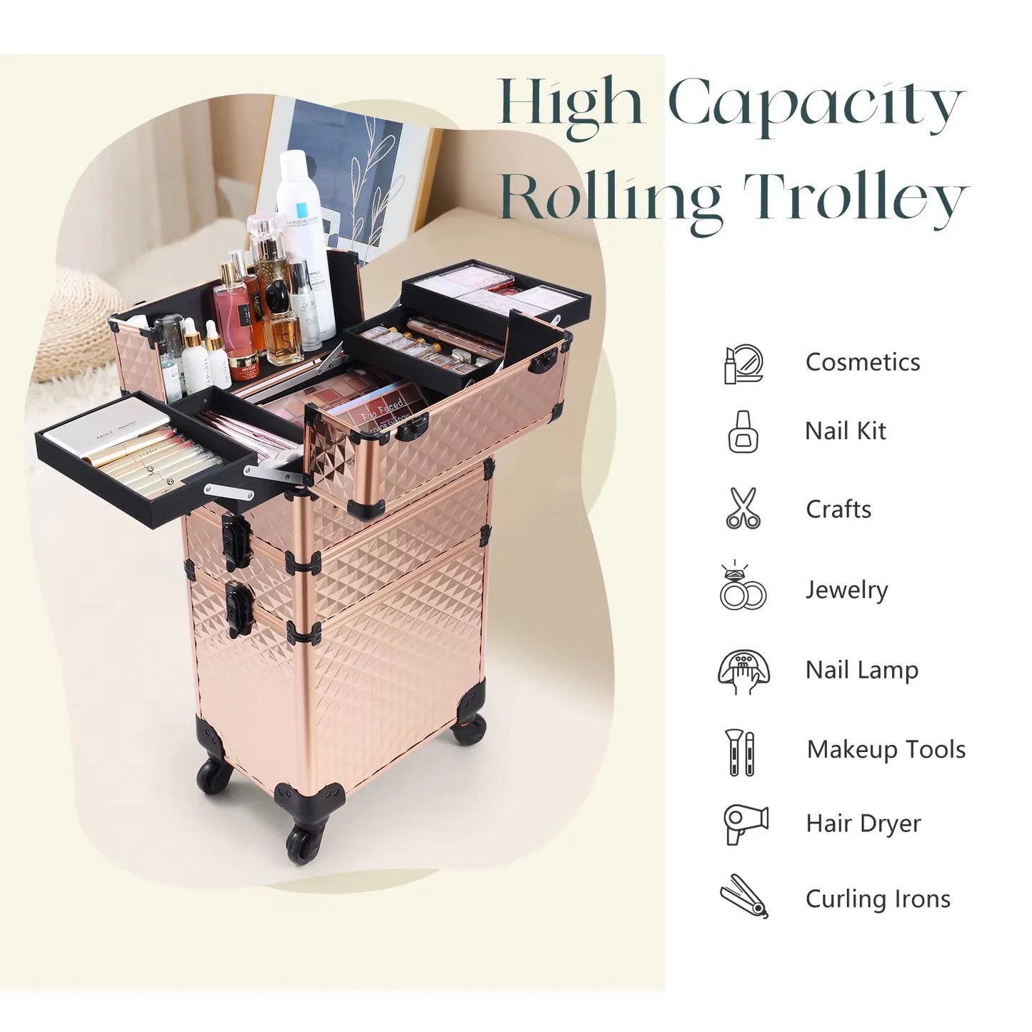 Maxulene Rolling Makeup Case 3 In 1 Removable On Wheels