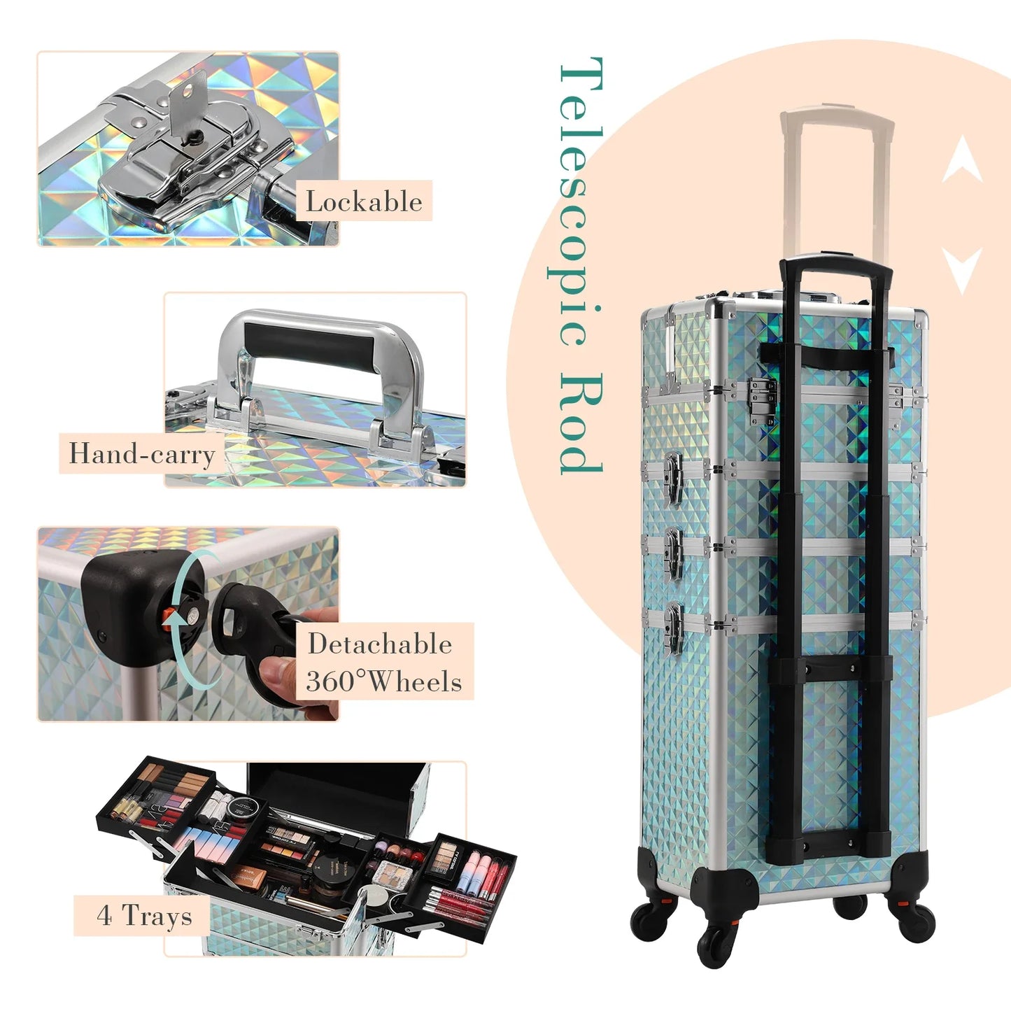MaxuleneCN Makeup Trolley Case 4 In 1 Alloy On Wheels