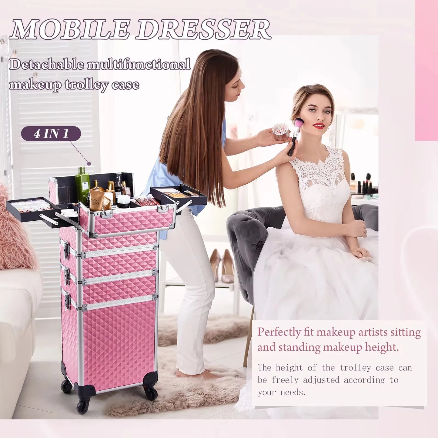 MaxuleneCN Makeup Trolley Case 4 In 1 Alloy On Wheels