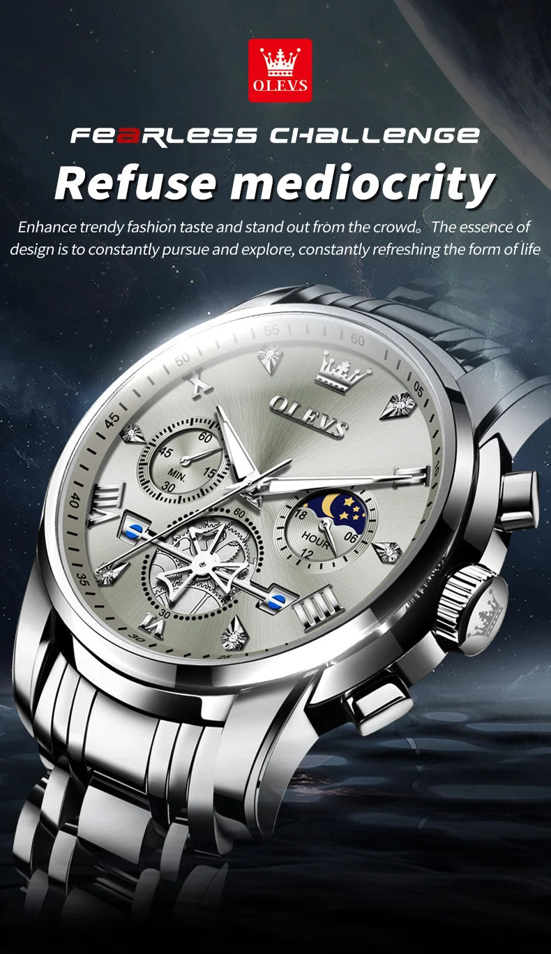 OLEVS Men's Multifunction Chronograph Moon Phase Stainless Steel Watch