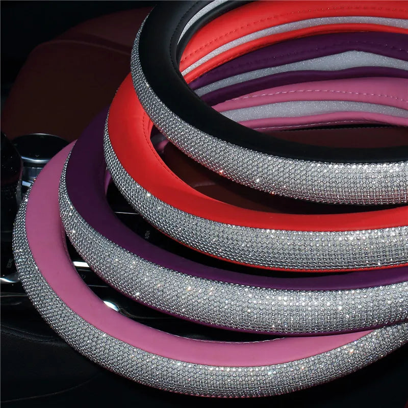 Choice Rhinestones Leather Steering Wheel Cover With Bling Crystal Diamond Car Interior Decoration