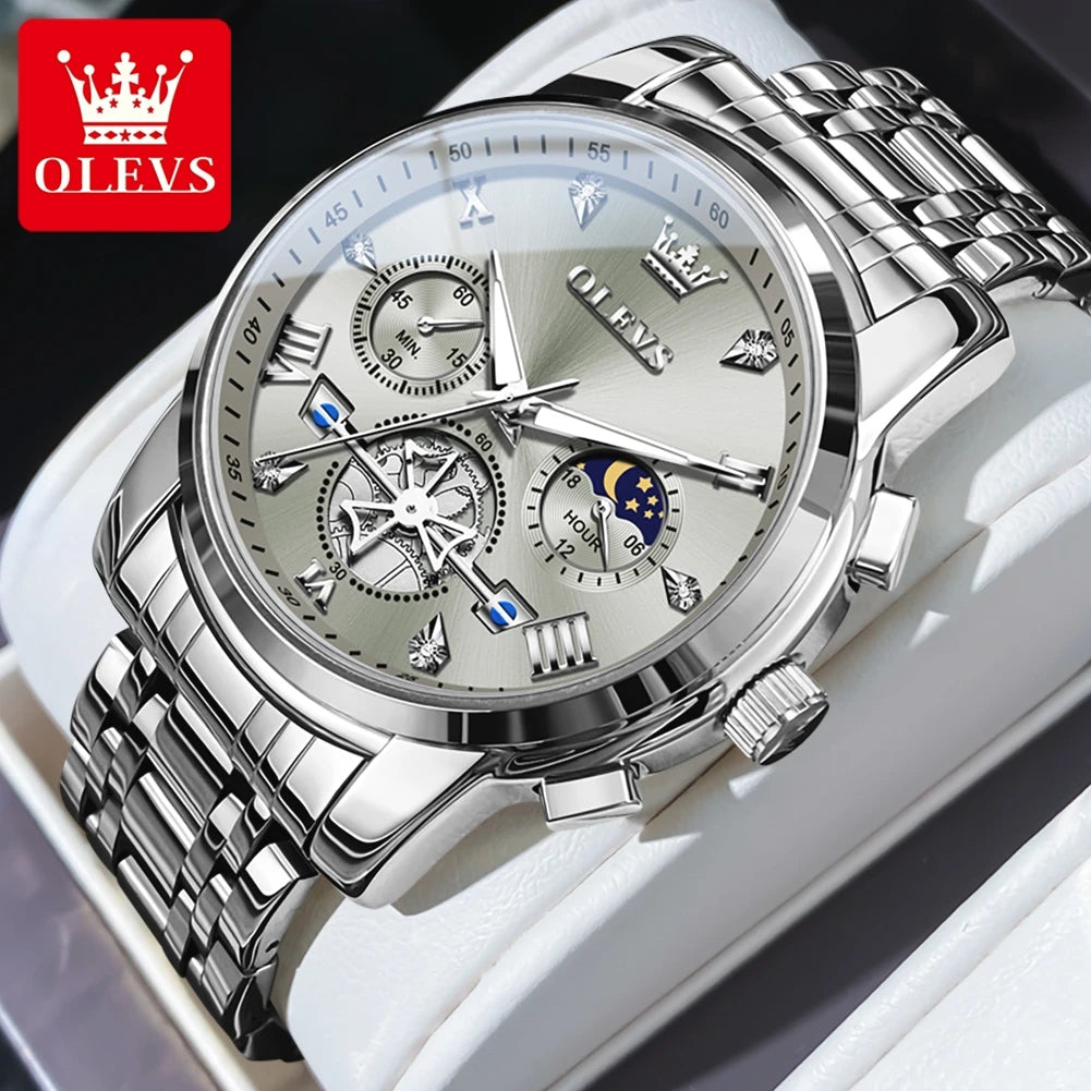 OLEVS Men's Multifunction Chronograph Moon Phase Stainless Steel Watch