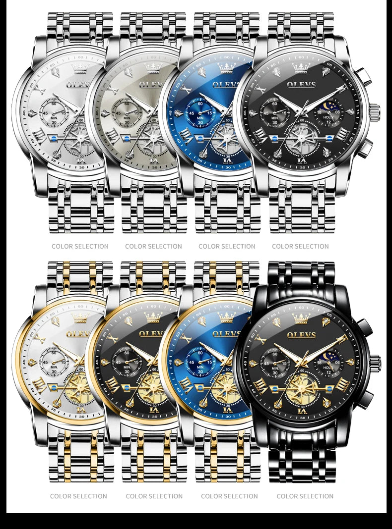 OLEVS Men's Multifunction Chronograph Moon Phase Stainless Steel Watch