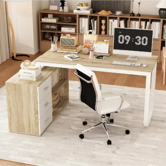Hign Concerned L Shaped Oak Desk With Three Drawers For Home Office Easy Assembly