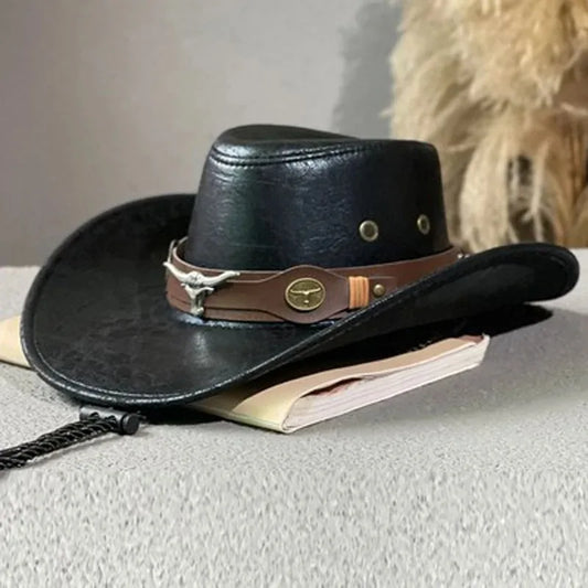 CN Tianjin Zhejiang Vintage Western Cowboy Hat Ox Head Belt Rivet Faux Leather Fedora Unisex