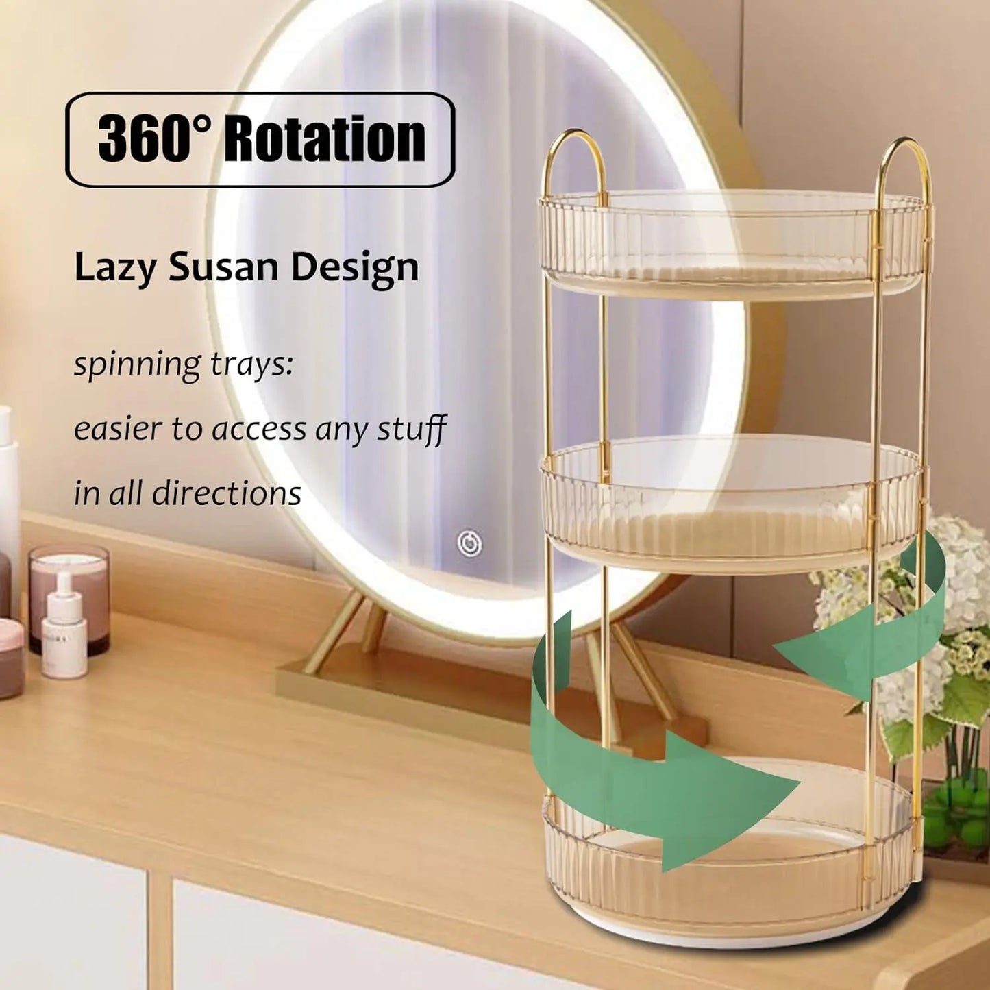 Rotating Makeup Organizer Vanity 3 Tier High-Capacity Crystal-Clear Cosmetic Storage