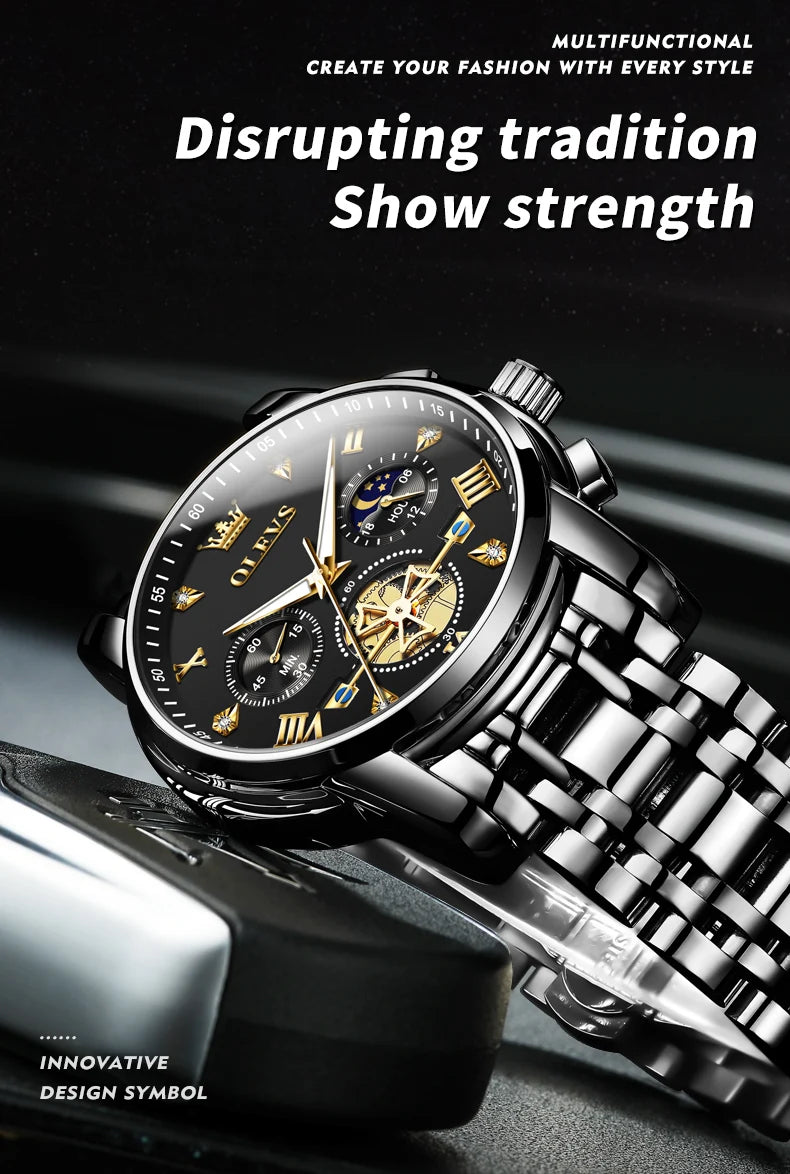 OLEVS Men's Multifunction Chronograph Moon Phase Stainless Steel Watch