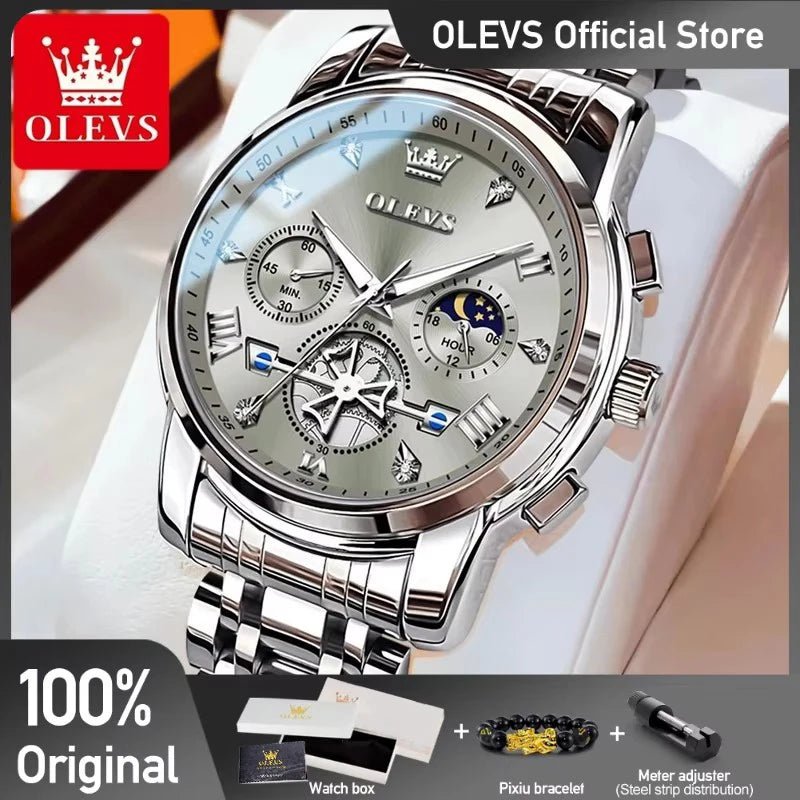 Olevs Fltwheel Chronograph Multifunction Quartz Wristwatch Moon Phase Water Resistant