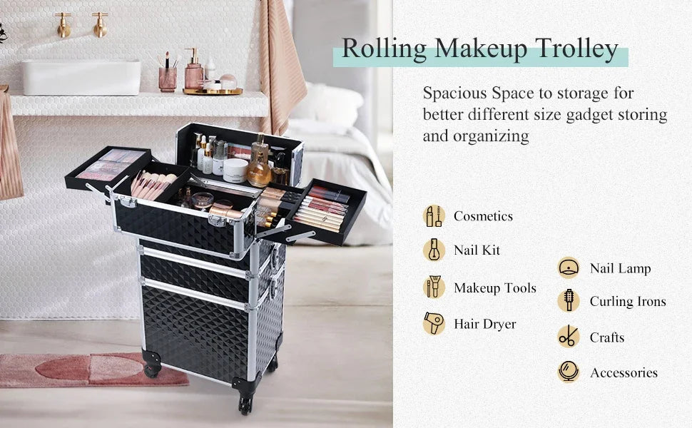 Maxulene Rolling Makeup Case 3 In 1 Removable On Wheels