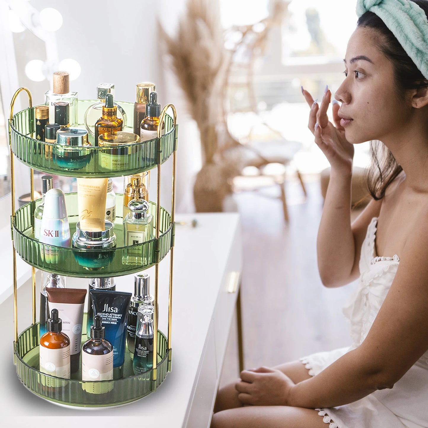 Rotating Makeup Organizer Vanity 3 Tier High-Capacity Crystal-Clear Cosmetic Storage