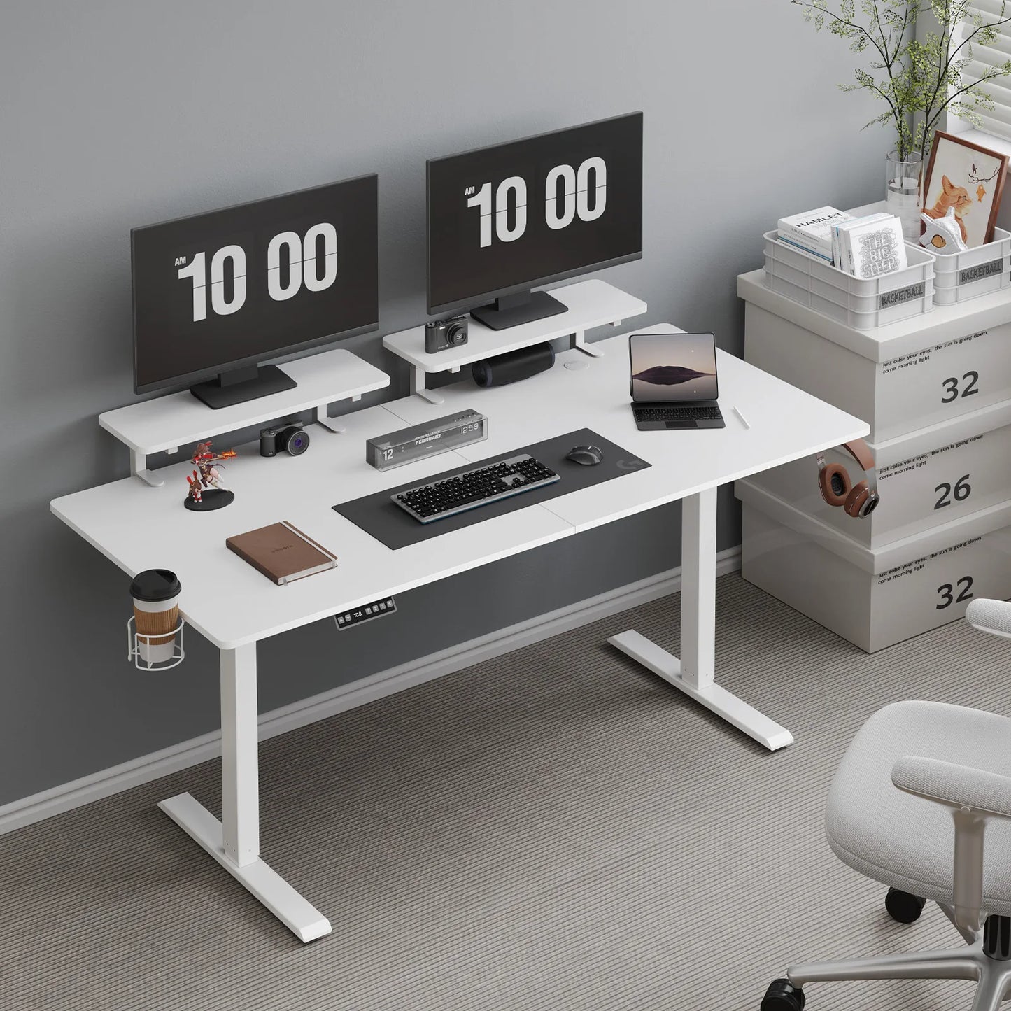 ONBRILL Electric Standing Desk With Adjustable Height And Monitor Shelves